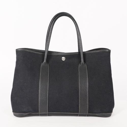 Authentic Hermes Garden Party MM Canvas Leather Tote Bag  black 02E036820003