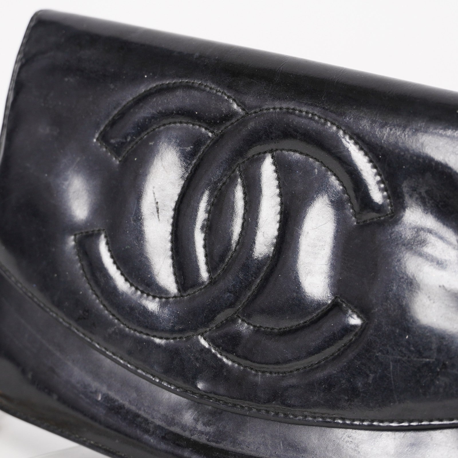 Chanel Coco Mark Shoulder Chain Wallet Black Women's Enamel 05E294730016