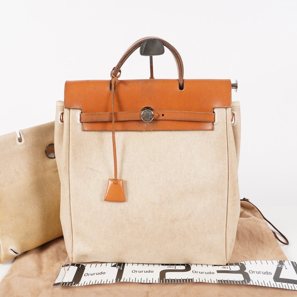 Auth HERMES Bag 2 in 1 Beige Canvas and Leather Backpack Hand Bag 05E533520016