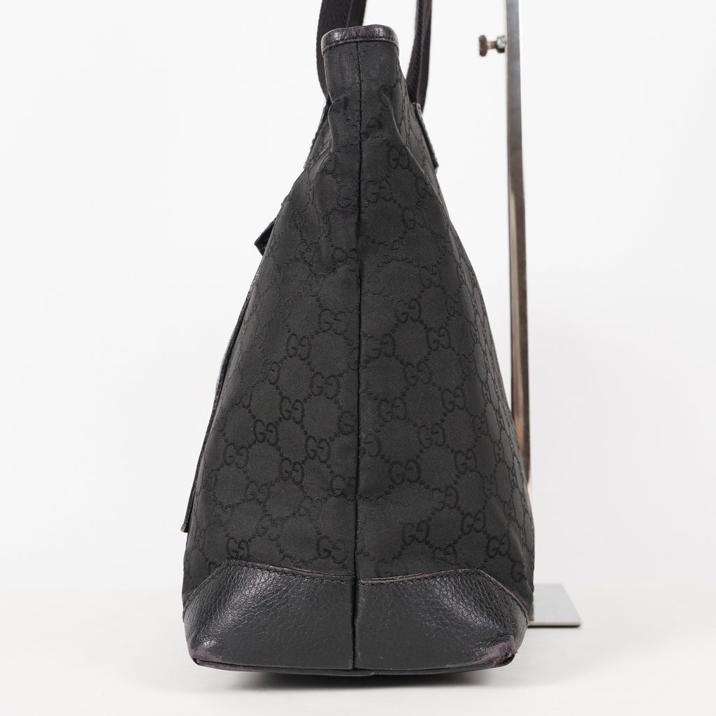 Gucci Black Nylon & Leather Tote Bag Purse With Zipper GG Monogram XY157