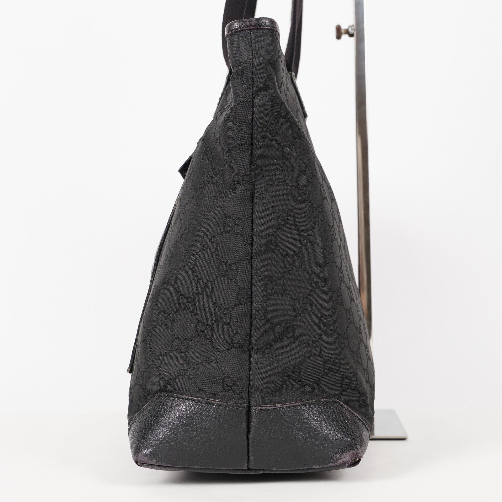 Gucci Black Nylon & Leather Tote Bag Purse With Zipper GG Monogram XY157