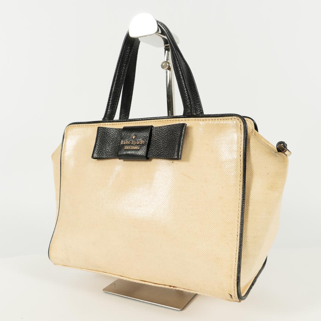 kate spade handbag beige black with bow gold logo plate leather 225243940936