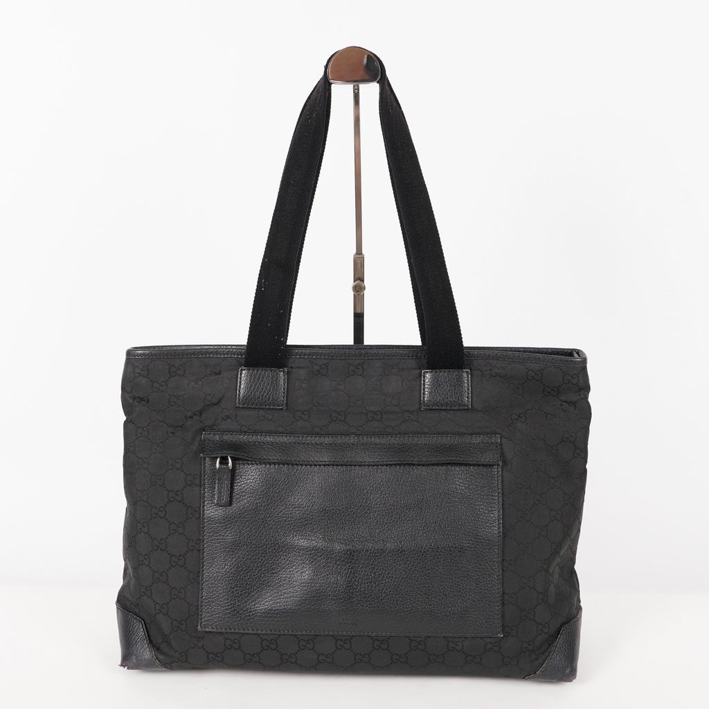 Gucci Black Nylon & Leather Tote Bag Purse With Zipper GG Monogram XY157