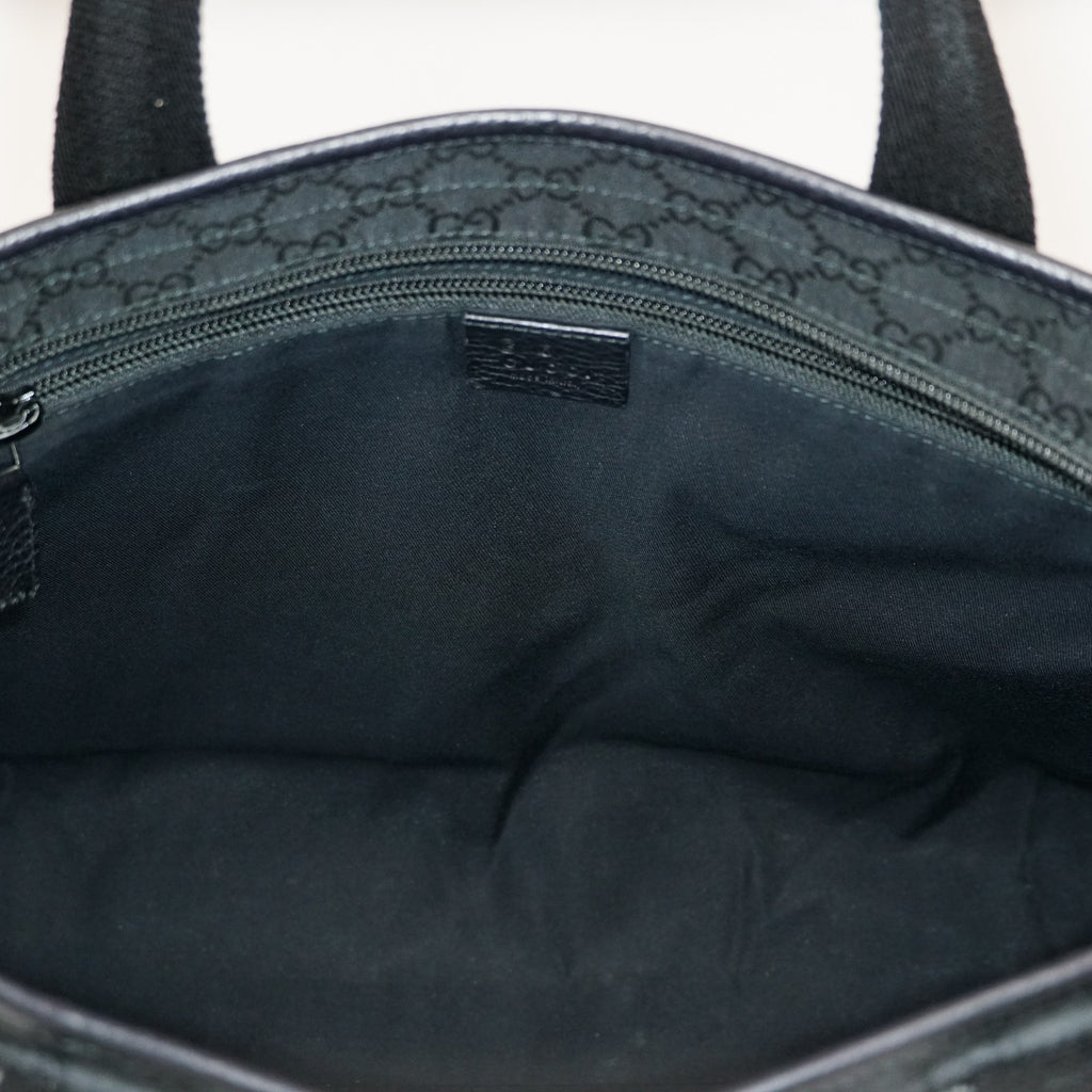 Gucci Black Nylon & Leather Tote Bag Purse With Zipper GG Monogram XY157