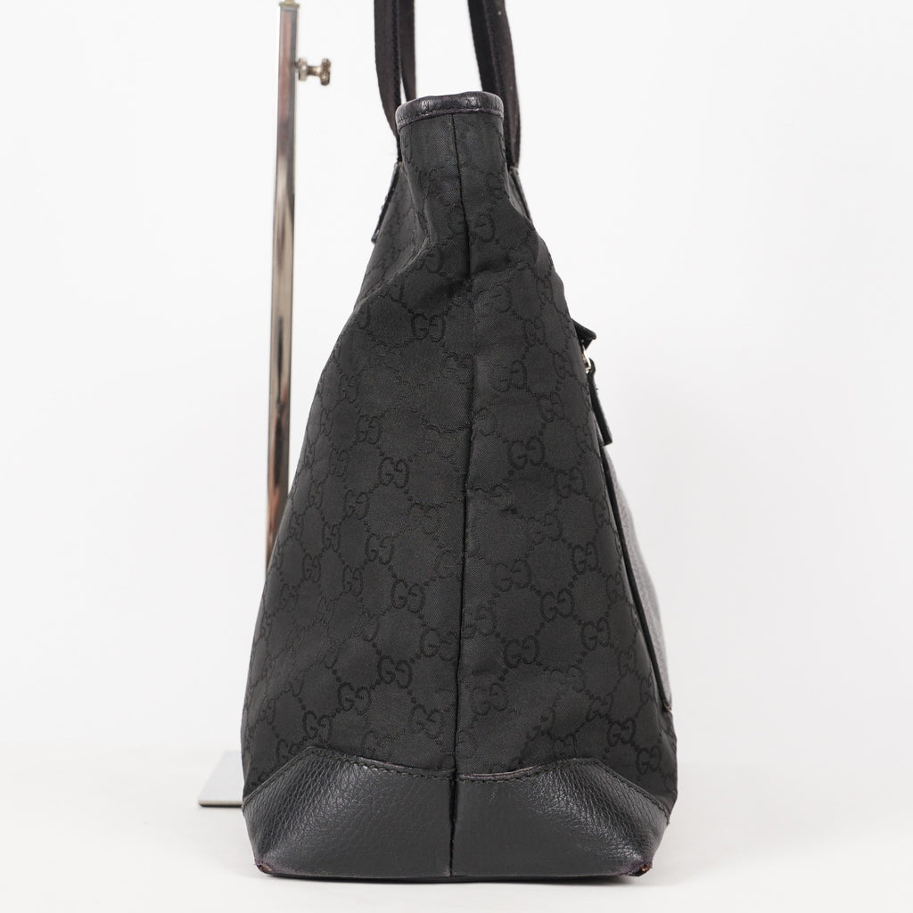 Gucci Black Nylon & Leather Tote Bag Purse With Zipper GG Monogram XY157