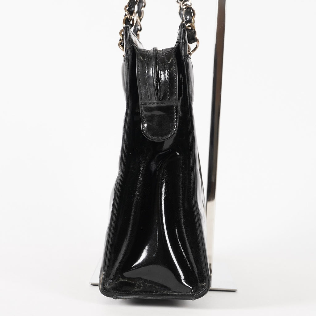 CHANEL CC Logo Chain Shoulder Tote Bag Patent Leather Black Vintage 03E255170011