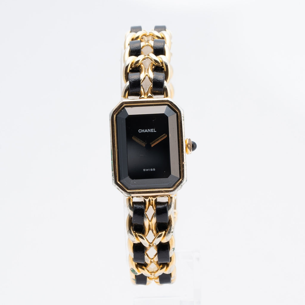 CHANEL Première Quartz Ladies Watch Gold × Black Leather Bracelet 04E039570007