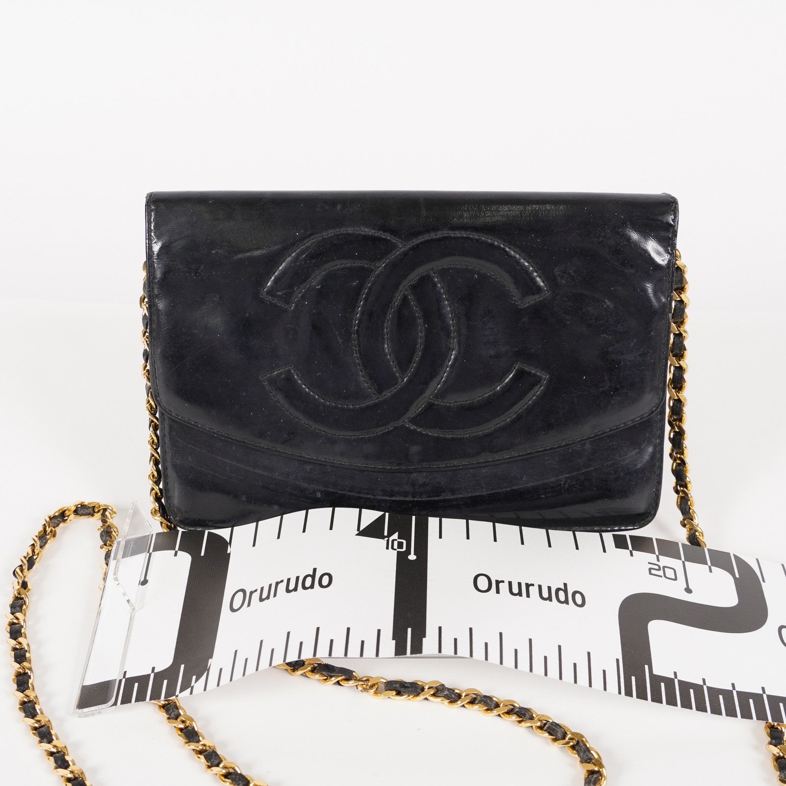 Chanel Coco Mark Shoulder Chain Wallet Black Women's Enamel 05E294730016