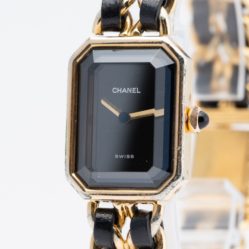 CHANEL Première Quartz Ladies Watch Gold × Black Leather Bracelet 04E039570007