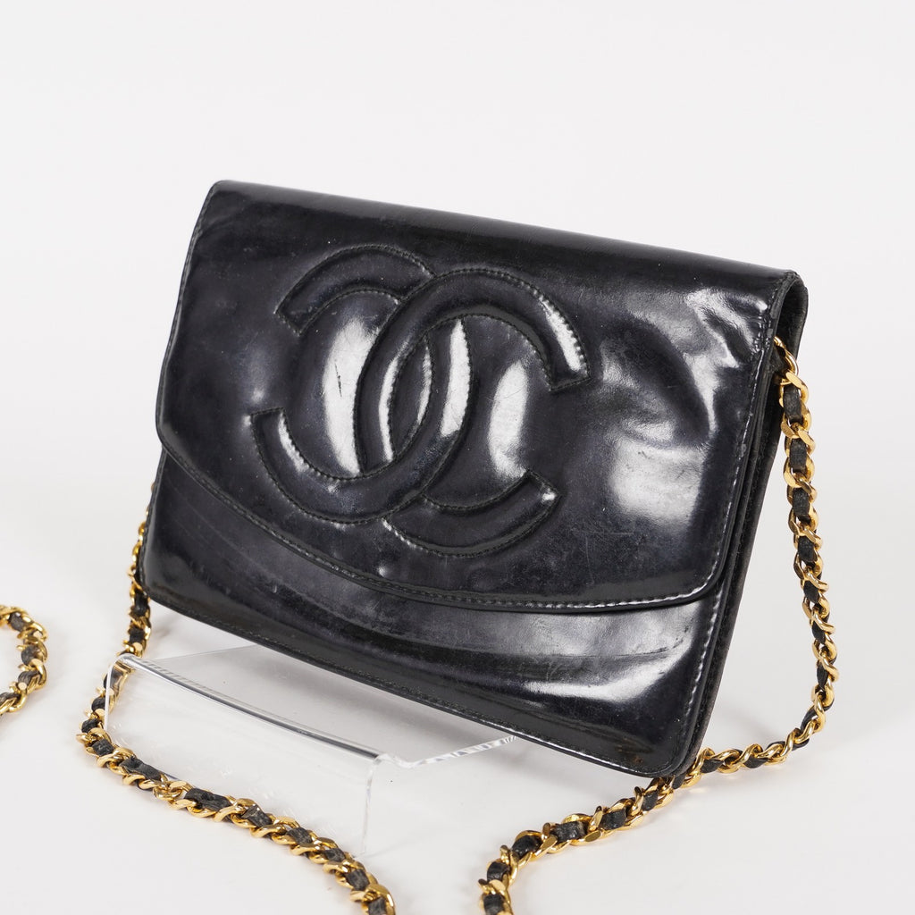 Chanel Coco Mark Shoulder Chain Wallet Black Women's Enamel 05E294730016