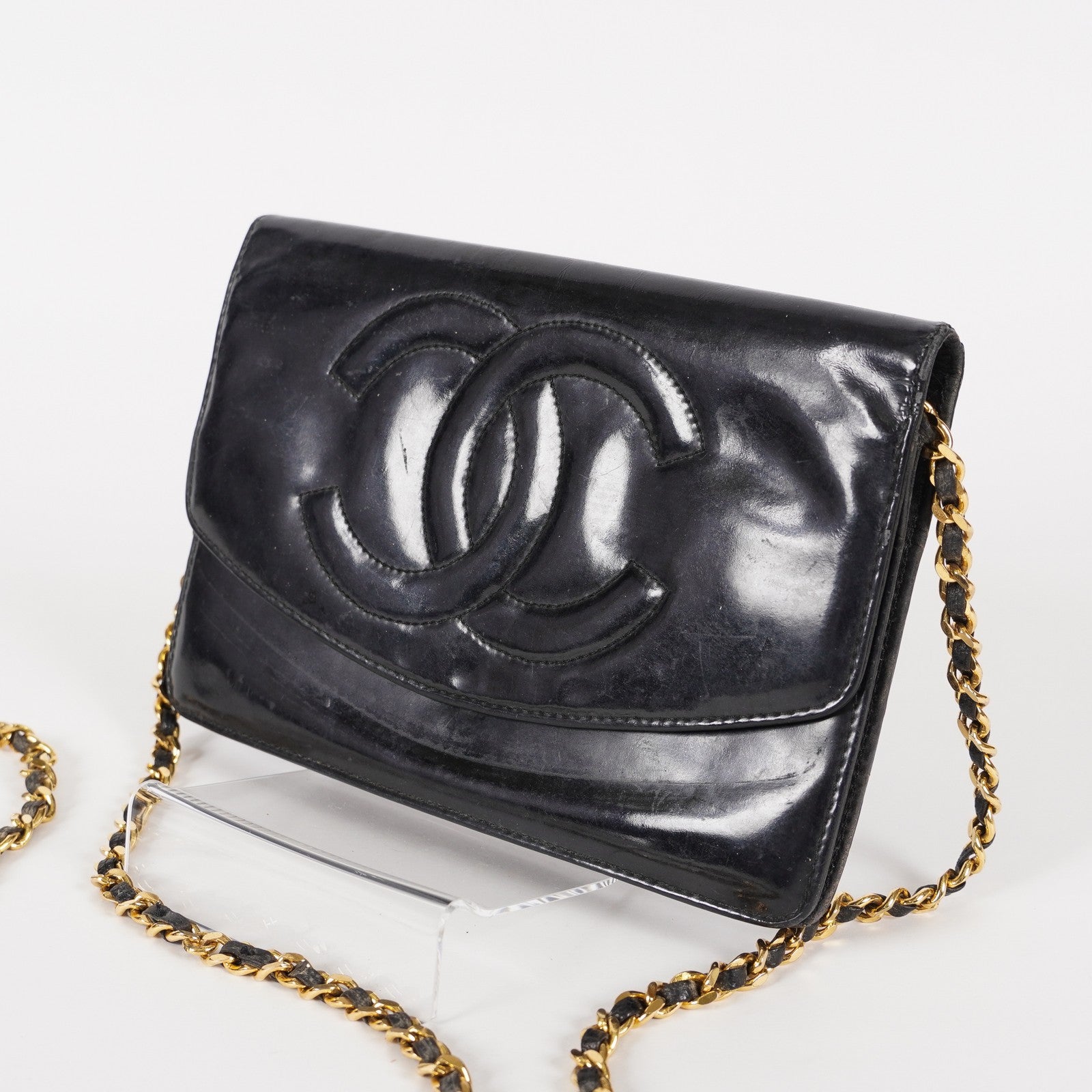 Chanel Coco Mark Shoulder Chain Wallet Black Women's Enamel 05E294730016