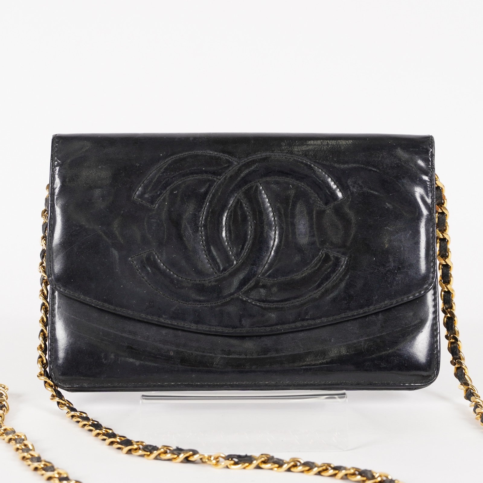 Chanel Coco Mark Shoulder Chain Wallet Black Women's Enamel 05E294730016