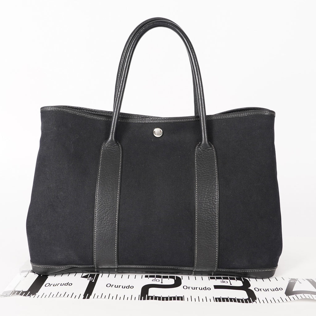 Authentic Hermes Garden Party MM Canvas Leather Tote Bag  black 02E036820003