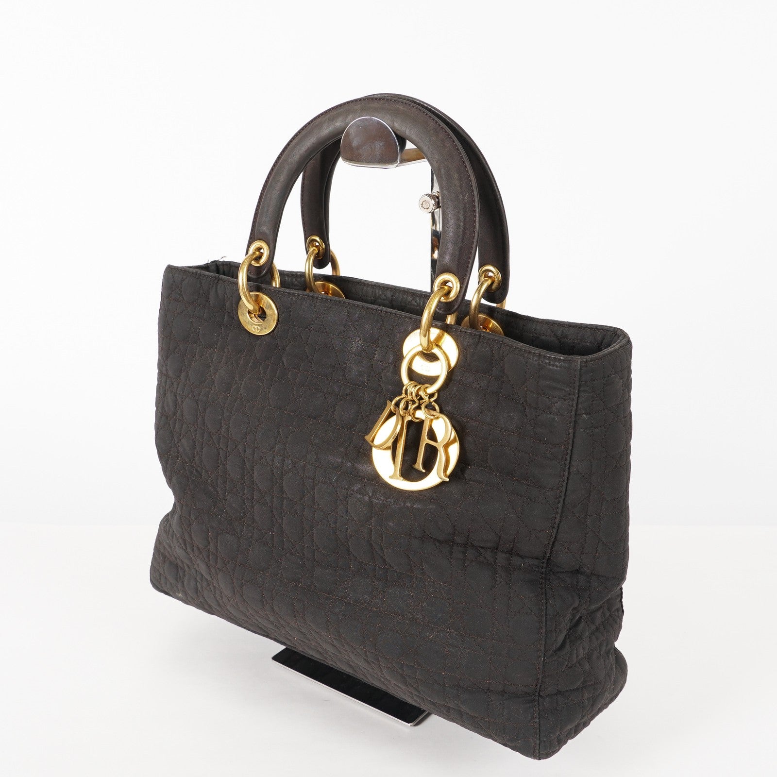 Dior Lady Dior Cannage Nylon Gold Hardware Charm Handbag Black 12E323410027