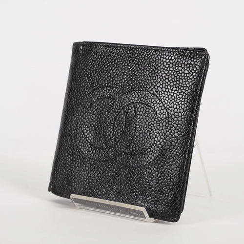Auth Chanel Coco Mark Caviar Skin Bifold Wallet Black 02A04935005