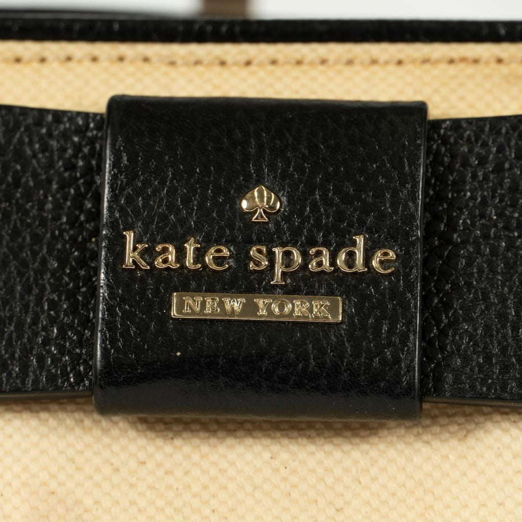 kate spade handbag beige black with bow gold logo plate leather 225243940936