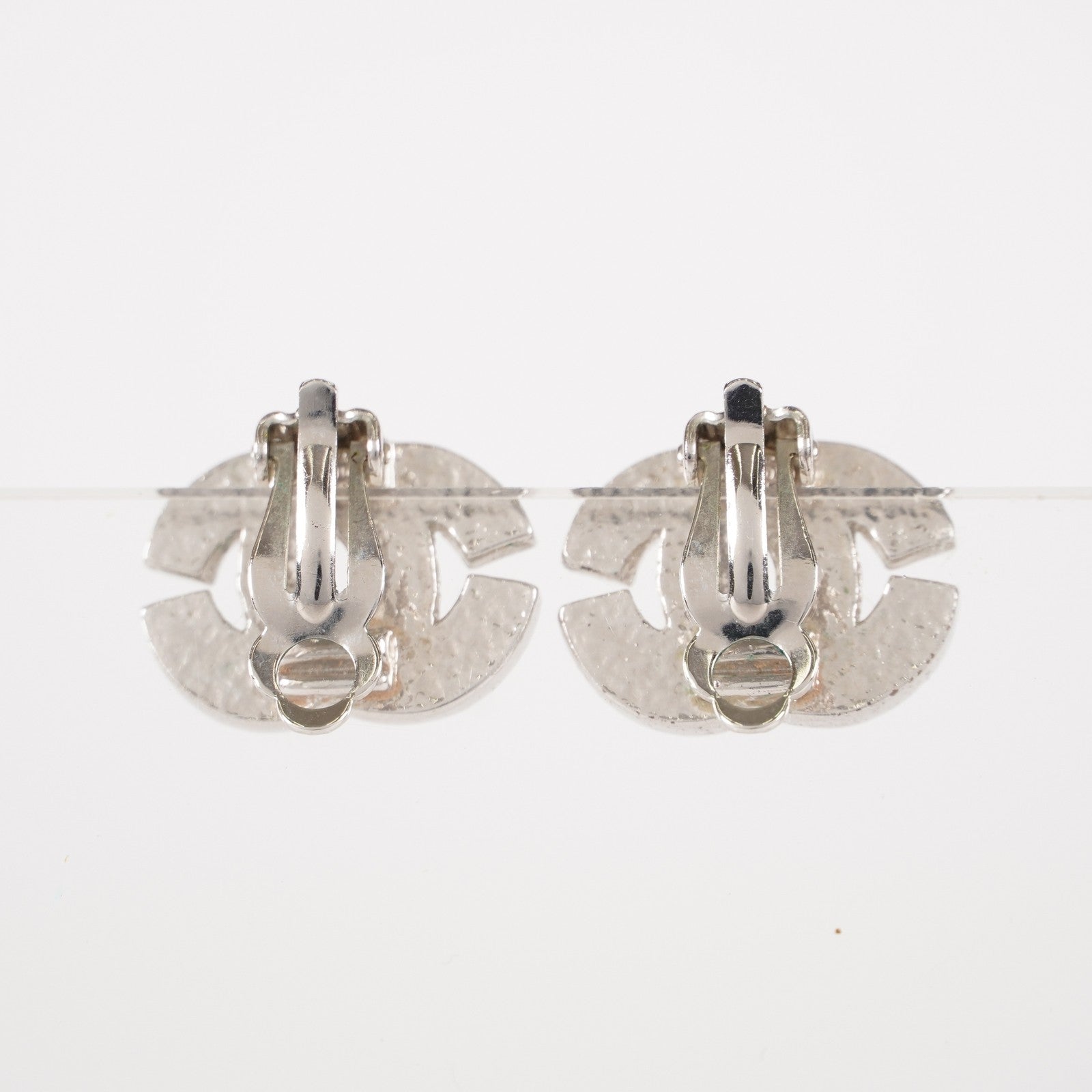 Chanel Coco Mark Rhinestone Bucket Earrings Silver Plated Women's 05E613300016