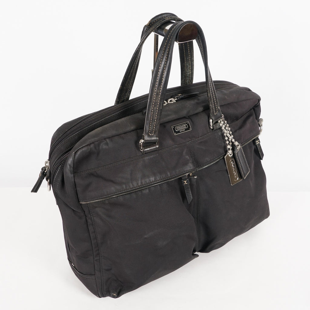 Coach Varick Briefcase Business Bag Brown Nylon Leather Tablet Laptop XY90