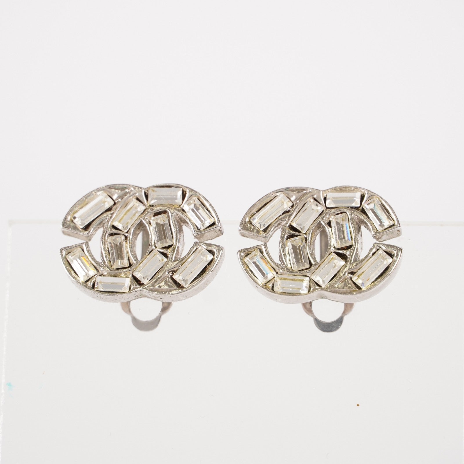 Chanel Coco Mark Rhinestone Bucket Earrings Silver Plated Women's 05E613300016