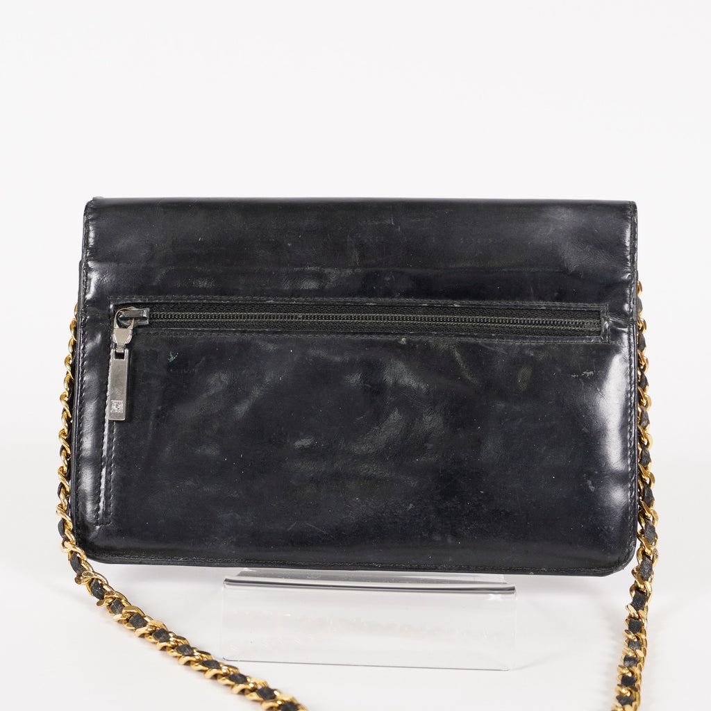 Chanel Coco Mark Shoulder Chain Wallet Black Women's Enamel 05E294730016