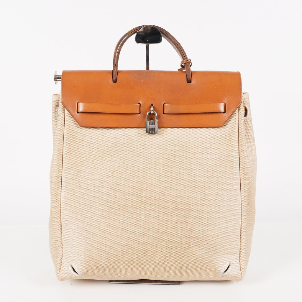 Auth HERMES Bag 2 in 1 Beige Canvas and Leather Backpack Hand Bag 05E533520016