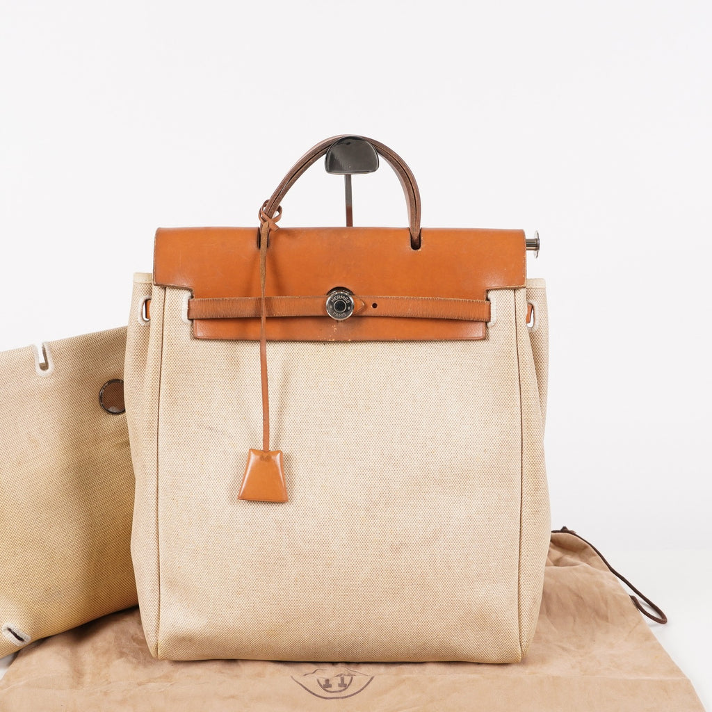Auth HERMES Bag 2 in 1 Beige Canvas and Leather Backpack Hand Bag 05E533520016