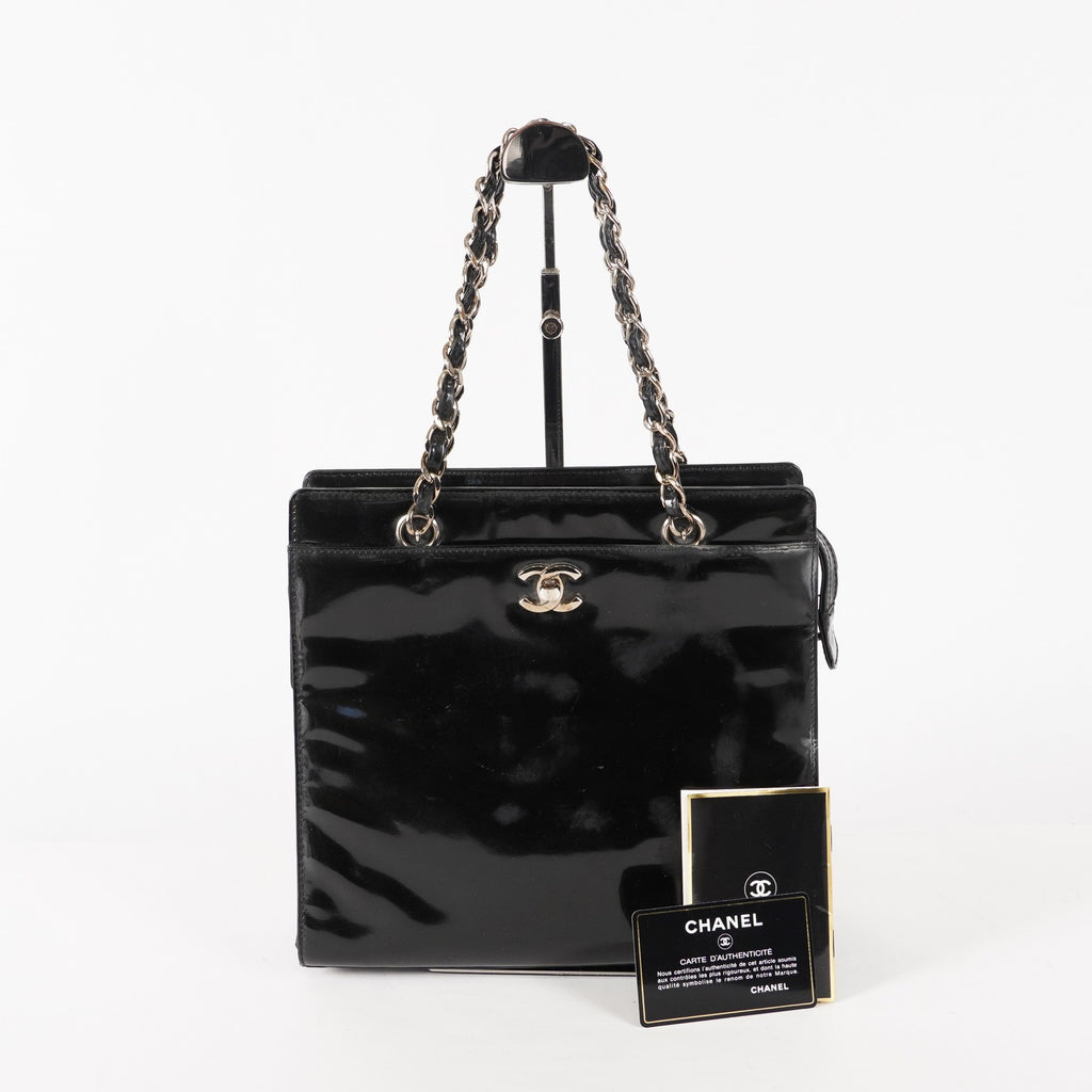 CHANEL CC Logo Chain Shoulder Tote Bag Patent Leather Vintage Black 03E255170011