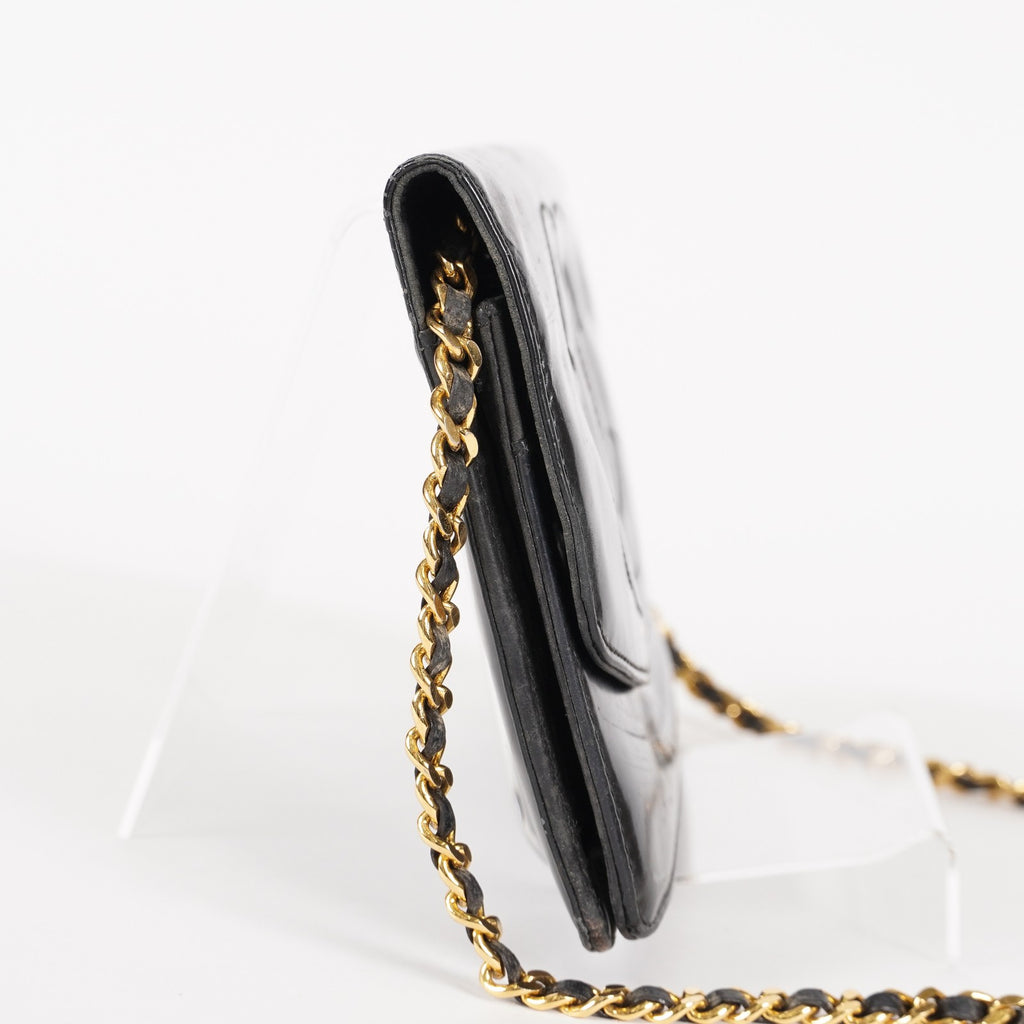 Chanel Coco Mark Shoulder Chain Wallet Black Women's Enamel 05E294730016