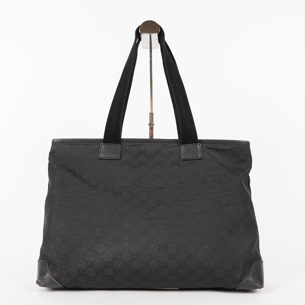 Gucci Black Nylon & Leather Tote Bag Purse With Zipper GG Monogram XY157