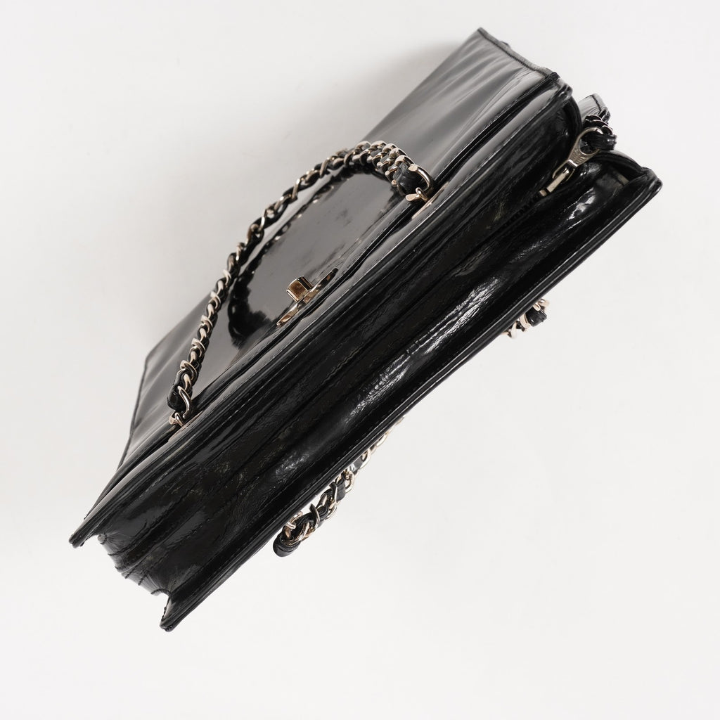 CHANEL CC Logo Chain Shoulder Tote Bag Patent Leather Black Vintage 03E255170011