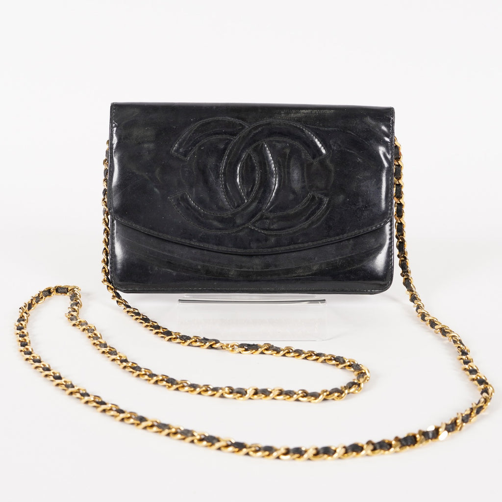 Chanel Coco Mark Shoulder Chain Wallet Black Women's Enamel 05E294730016