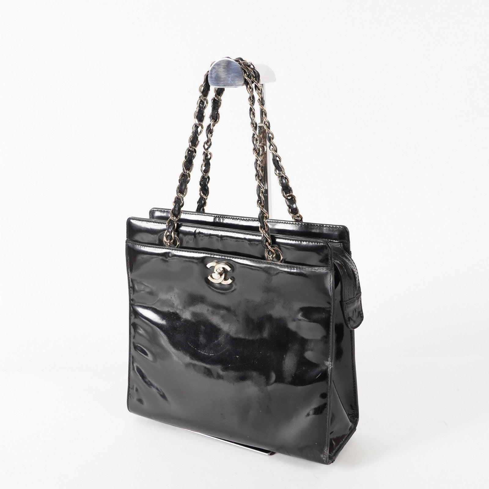 CHANEL CC Logo Chain Shoulder Tote Bag Patent Leather Black Vintage 03E255170011