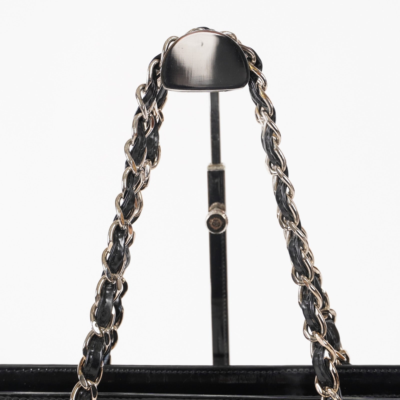 CHANEL CC Logo Chain Shoulder Tote Bag Patent Leather Vintage Black 03E255170011
