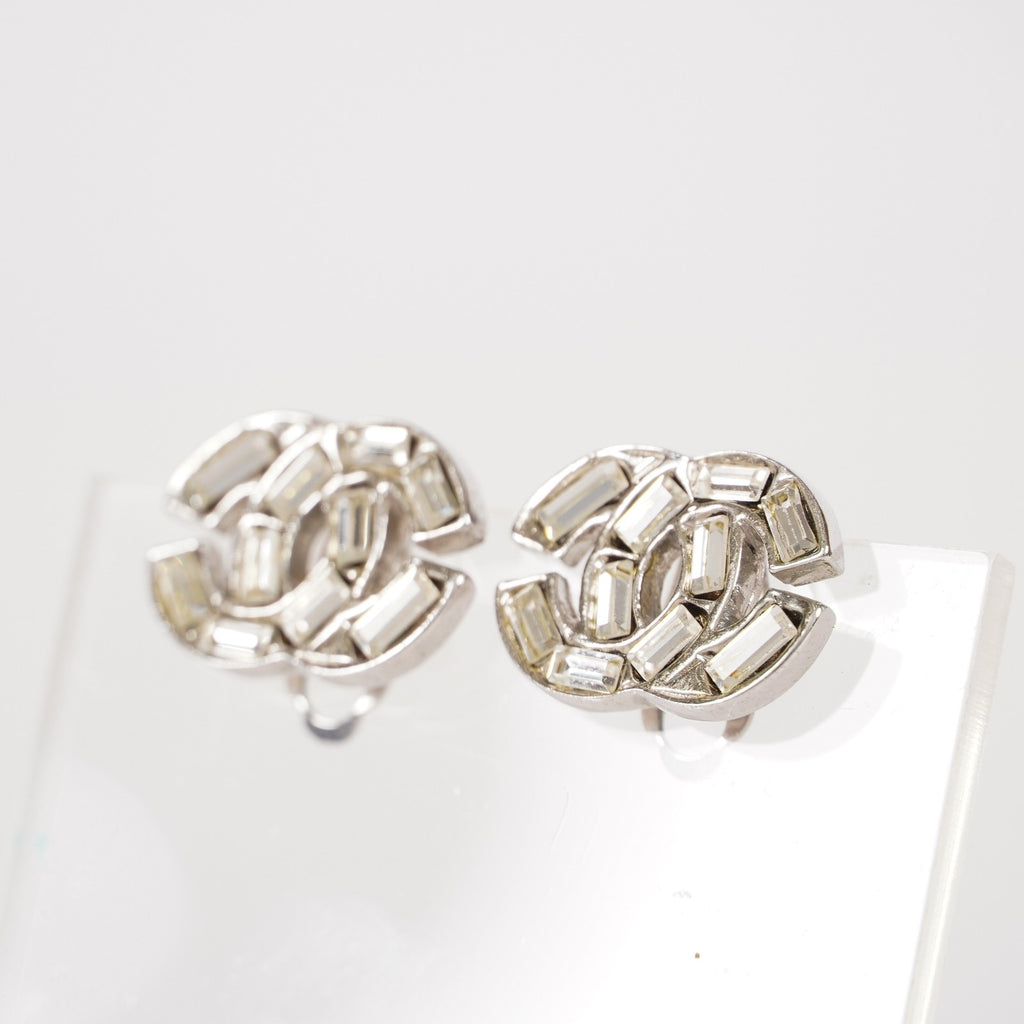 Chanel Coco Mark Rhinestone Bucket Earrings Silver Plated Women's 05E613300016