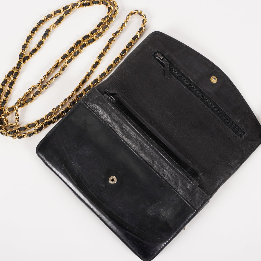 Chanel Coco Mark Shoulder Chain Wallet Black Women's Enamel 05E294730016