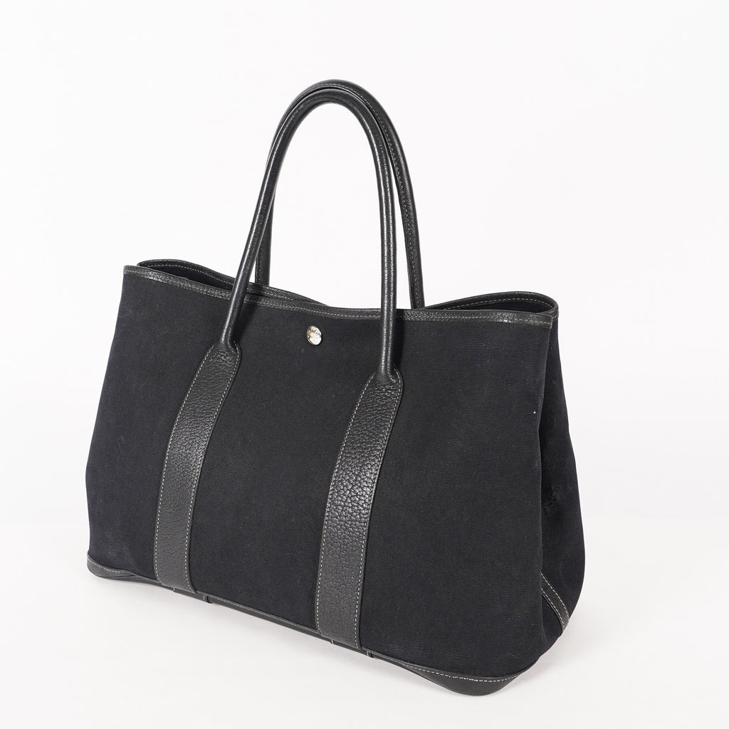 Authentic Hermes Garden Party MM Canvas Leather Tote Bag  black 02E036820003