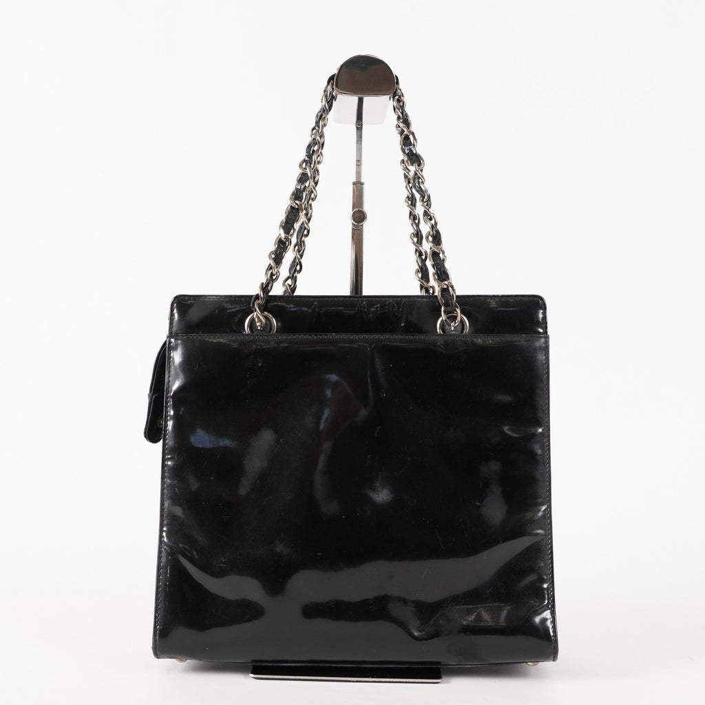 CHANEL CC Logo Chain Shoulder Tote Bag Patent Leather Black Vintage 03E255170011