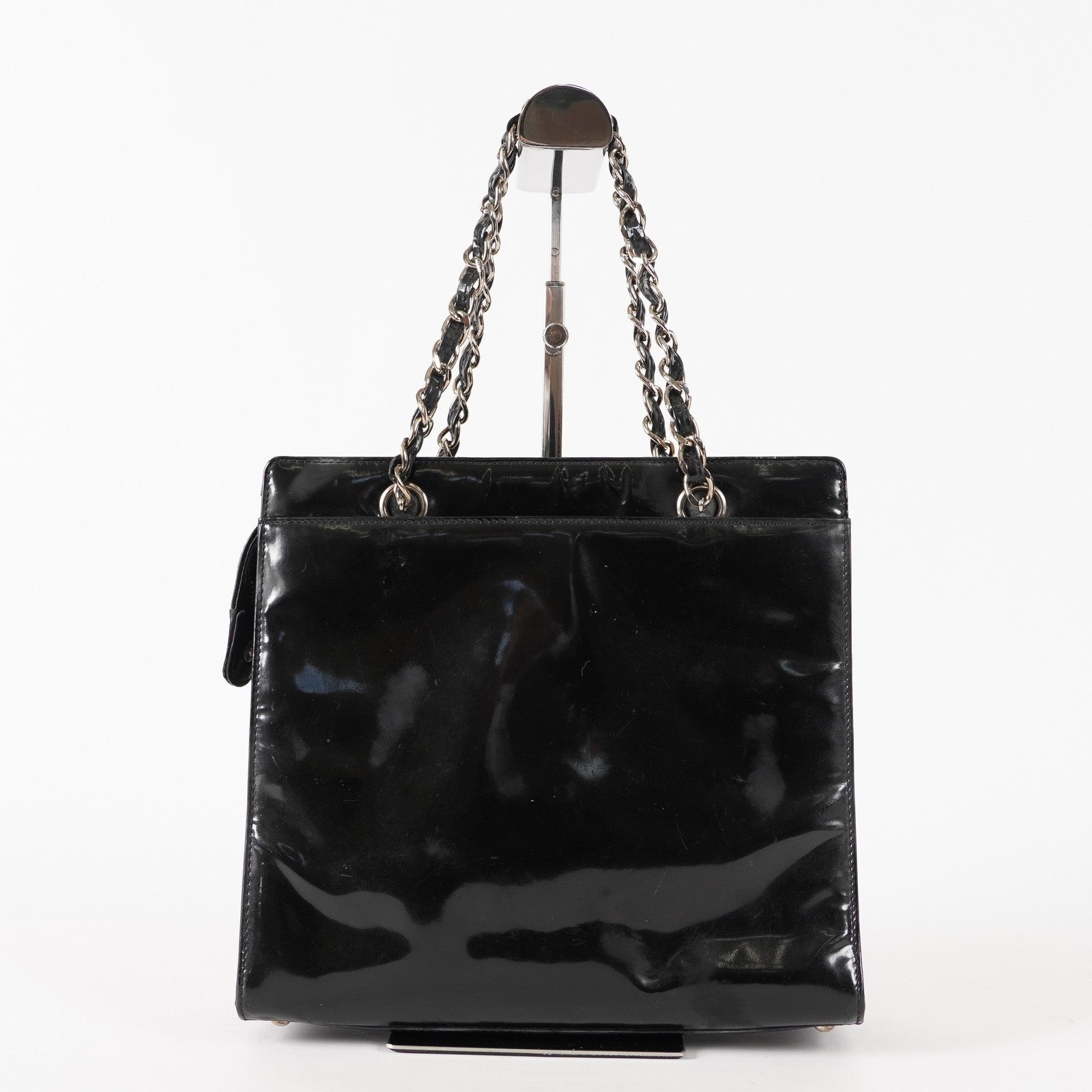 CHANEL CC Logo Chain Shoulder Tote Bag Patent Leather Black Vintage 03E255170011