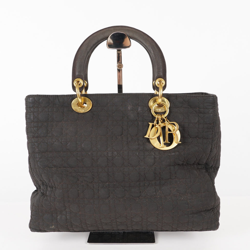 Dior Lady Dior Cannage Nylon Gold Hardware Charm Handbag Black 12E323410027