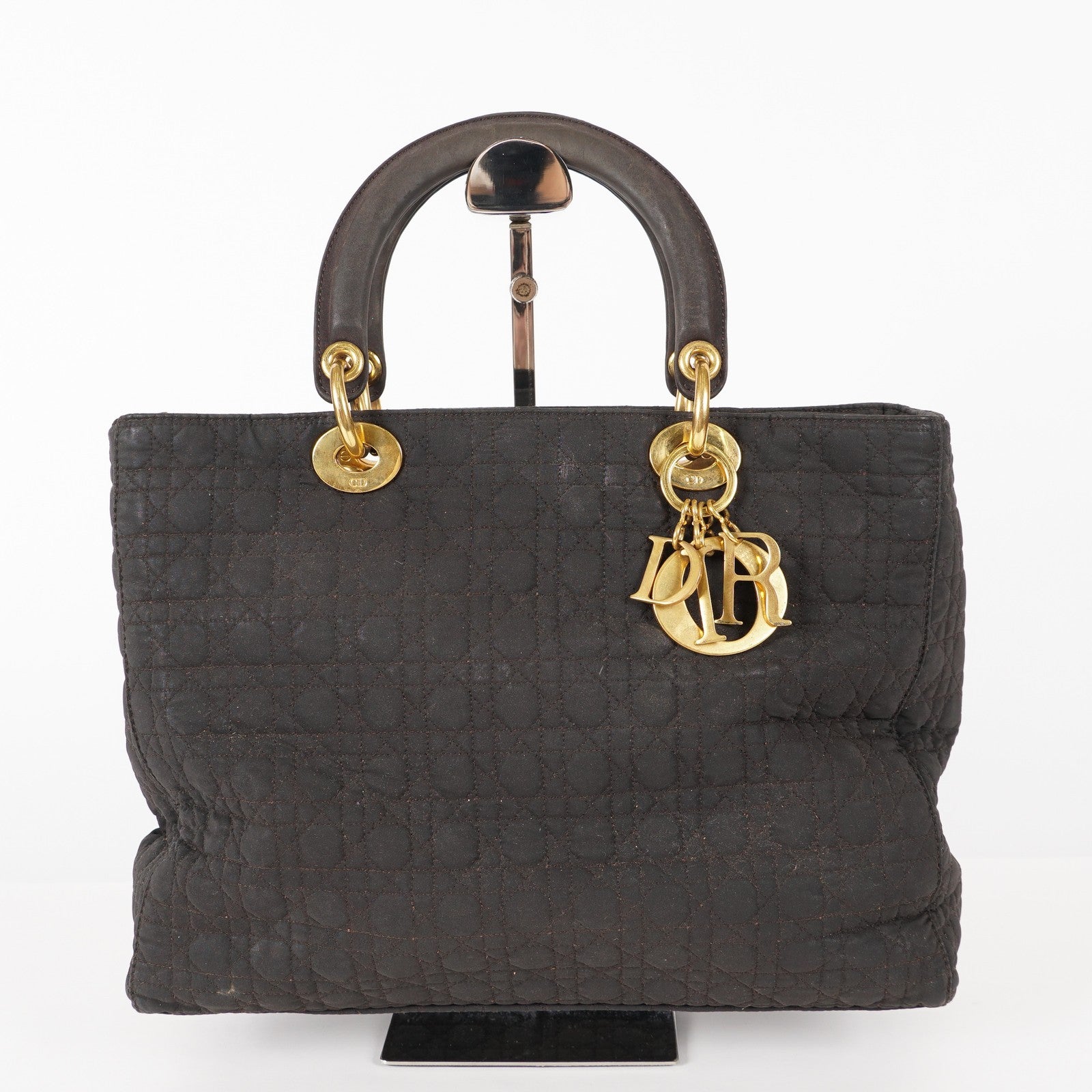 Dior Lady Dior Cannage Nylon Gold Hardware Charm Handbag Black 12E323410027