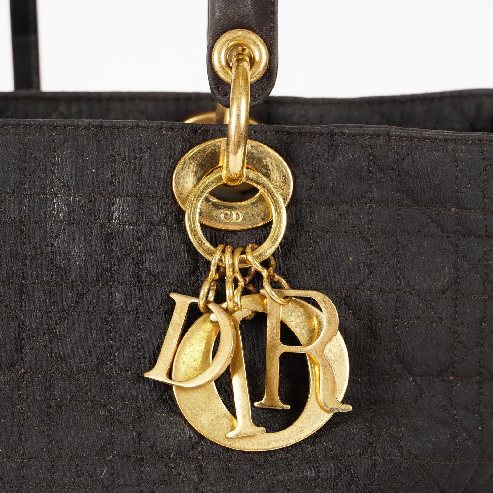 Dior Lady Dior Cannage Nylon Gold Hardware Charm Handbag Black 12E323410027